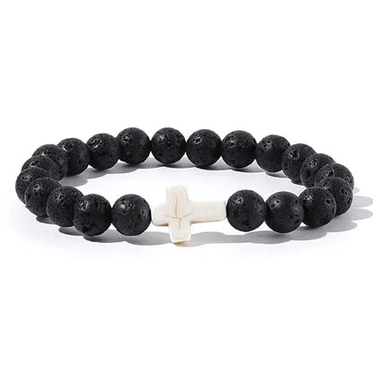Men's Natural Stone Bead Bracelet - Tiger Eye, Obsidian & Wood Cross Charm