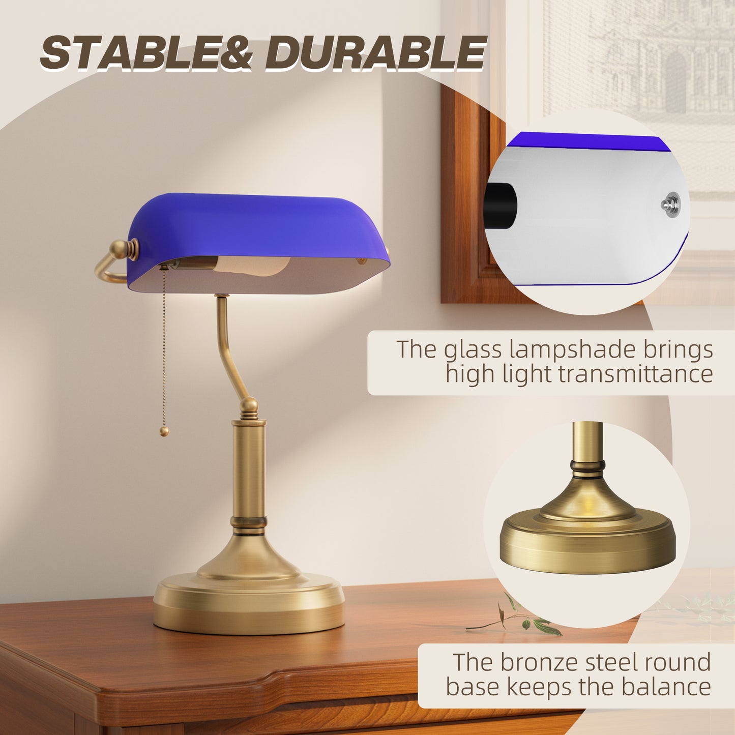 Classic Banker's Desk Lamp - Blue Glass Shade with Brass Base