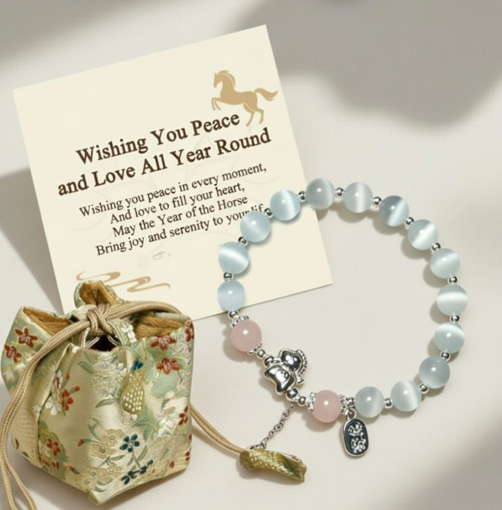 Year of the Horse Bracelet - Cat's Eye Rose Quartz Fu Charm with Gift Card