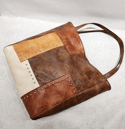 Rivet Contrast Stitching Shoulder Bag - Large PU Leather Tote