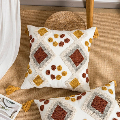 Bohemian Velvet Pillow Cover - Round Embroidered Tassel Cushion