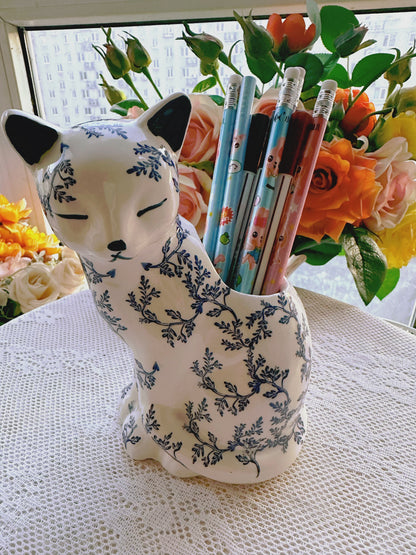 Blue and White Porcelain Cat Vase - Hand-Painted Ceramic Pen Holder