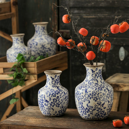 New Chinese Ceramic Vase - Retro Blue Round Belly Vase for Home Decor