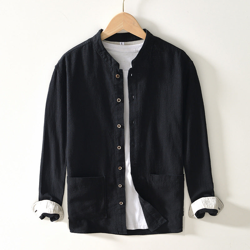Men's Ramie Linen Shirt - Stand Collar Chinese Style Long Sleeve