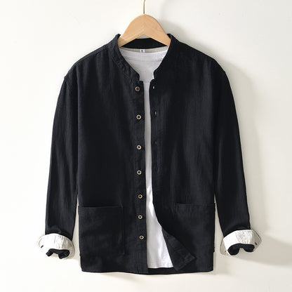 Men's Ramie Linen Shirt - Stand Collar Chinese Style Long Sleeve