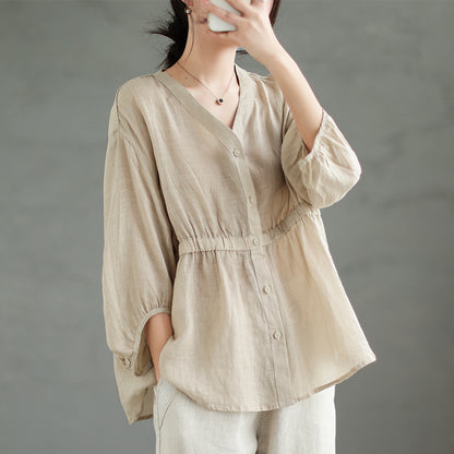 Women's Ramie V-Neck Shirt - Loose Fit Batwing Sleeve Top