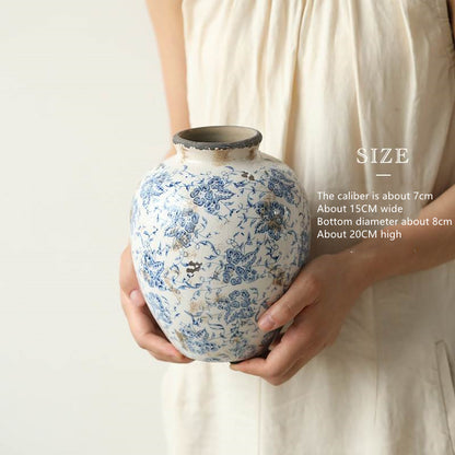 Ice Cracks Country Vintage Blue And White Porcelain Vase With Big Belly