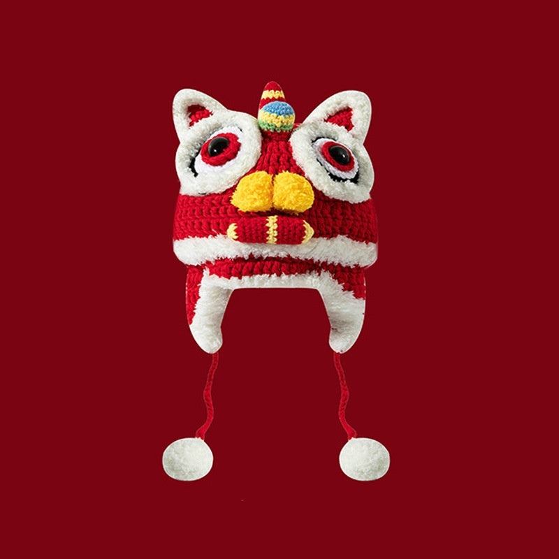 Dragon Year Hat Red Chinese Knitted Tiger Head Hat Baby Chinese New Year Celebration Joyous Xingshi Sleeve Cap