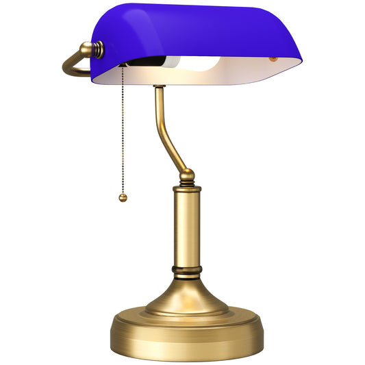 Classic Banker's Desk Lamp - Blue Glass Shade with Brass Base