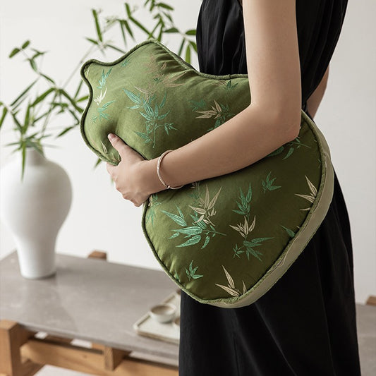 Chinese Style Gourd Pillow - Bamboo Leaf Pattern Decorative Cushion