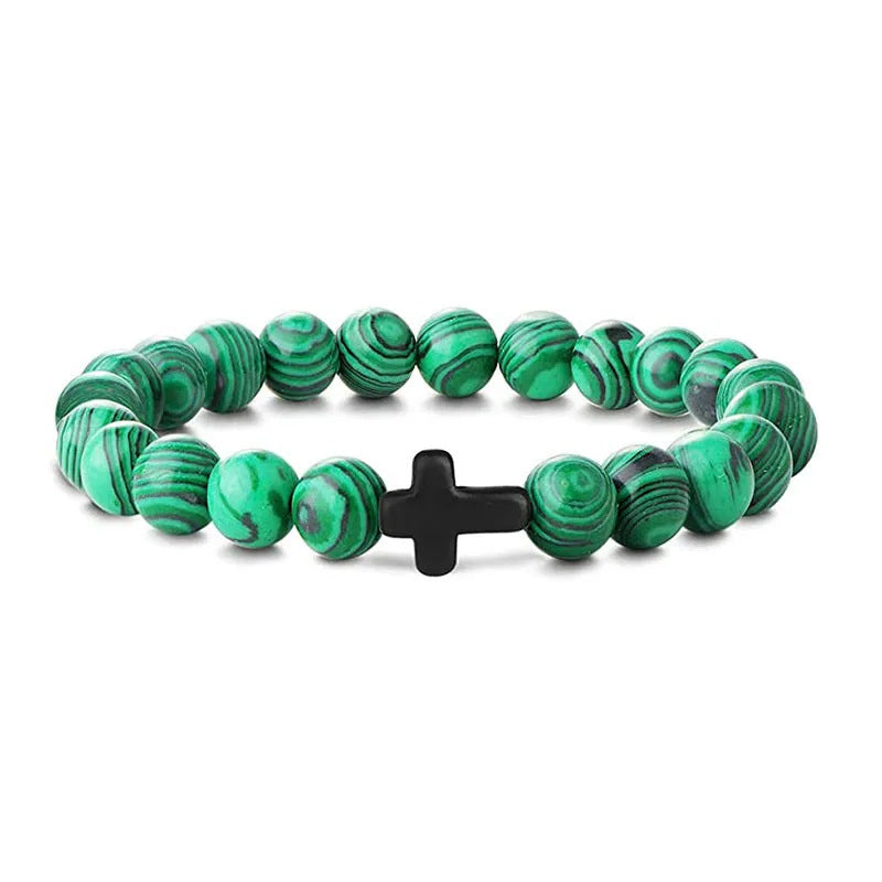 Men's Natural Stone Bead Bracelet - Tiger Eye, Obsidian & Wood Cross Charm