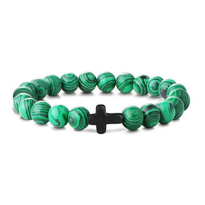 Men's Natural Stone Bead Bracelet - Tiger Eye, Obsidian & Wood Cross Charm