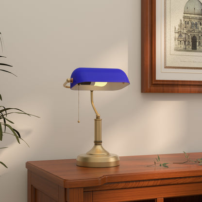 Classic Banker's Desk Lamp - Blue Glass Shade with Brass Base