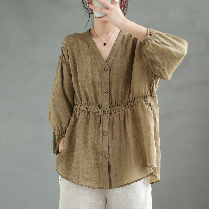 Women's Ramie V-Neck Shirt - Loose Fit Batwing Sleeve Top