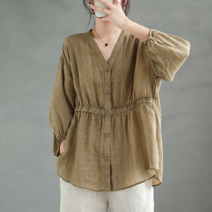 Women's Ramie V-Neck Shirt - Loose Fit Batwing Sleeve Top