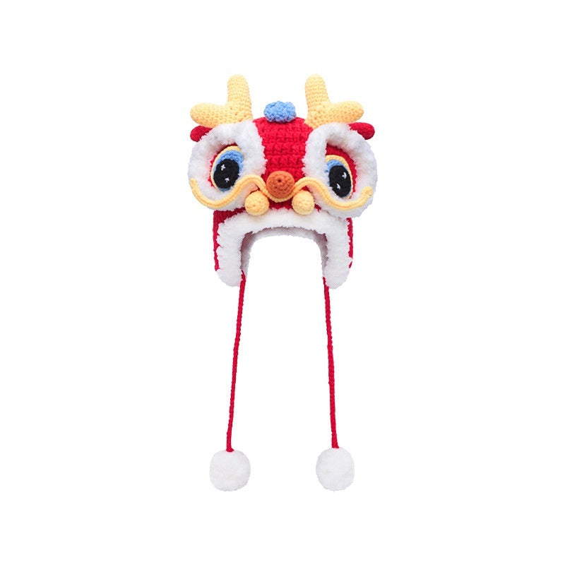 Dragon Year Hat Red Chinese Knitted Tiger Head Hat Baby Chinese New Year Celebration Joyous Xingshi Sleeve Cap