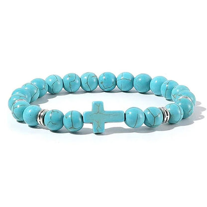 Men's Natural Stone Bead Bracelet - Tiger Eye, Obsidian & Wood Cross Charm