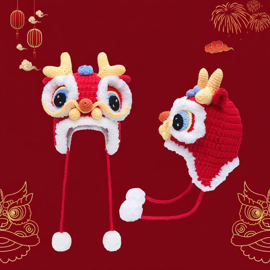 Dragon Year Hat Red Chinese Knitted Tiger Head Hat Baby Chinese New Year Celebration Joyous Xingshi Sleeve Cap
