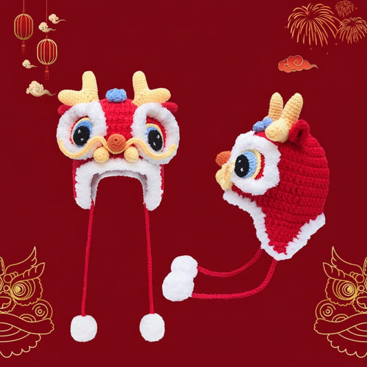 Dragon Year Hat Red Chinese Knitted Tiger Head Hat Baby Chinese New Year Celebration Joyous Xingshi Sleeve Cap