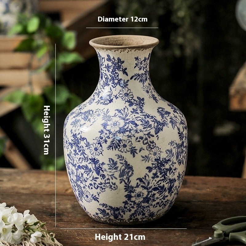 New Chinese Ceramic Vase - Retro Blue Round Belly Vase for Home Decor