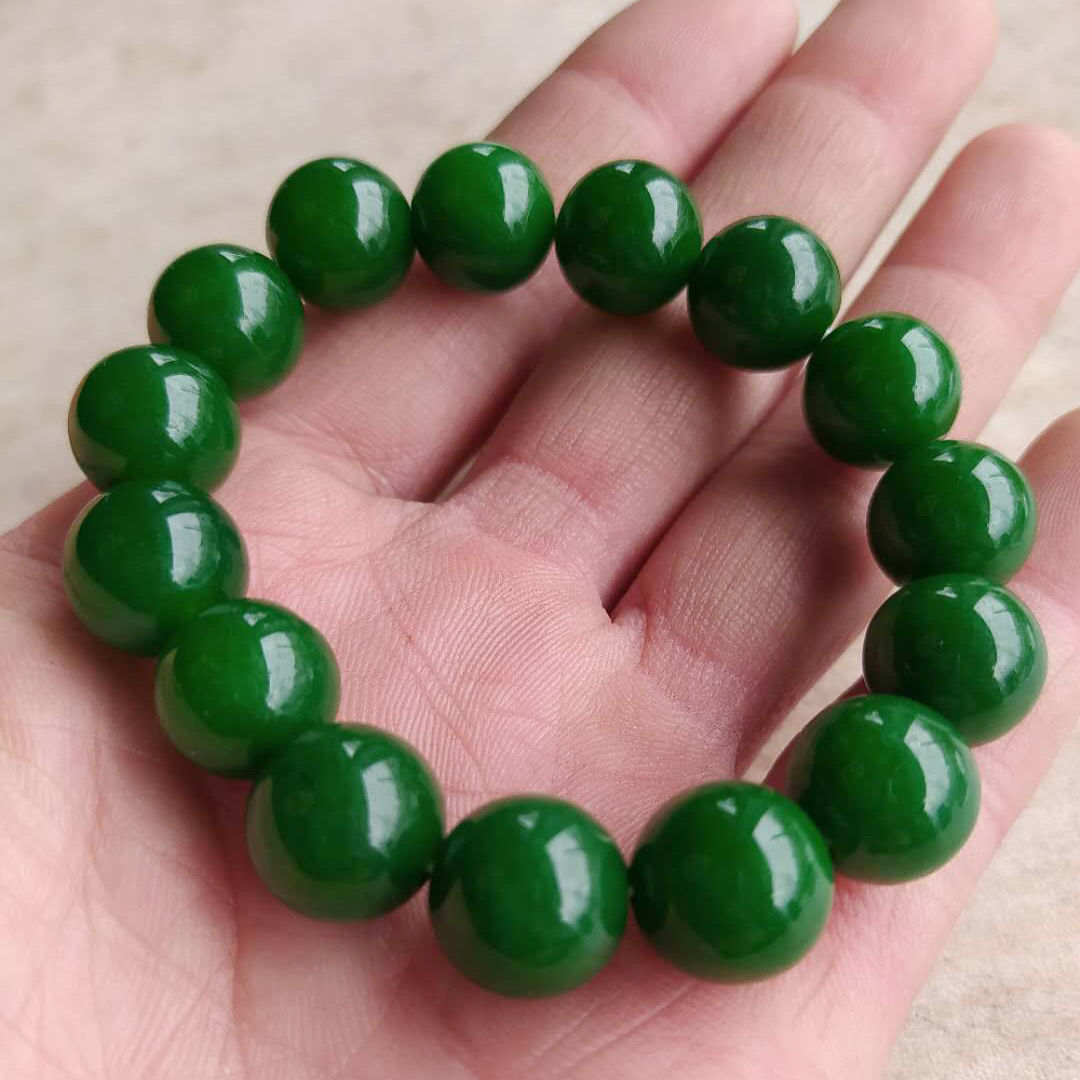 Natural Xinjiang Jasper Jade Bracelet - Spinach Green Beaded Bracelet