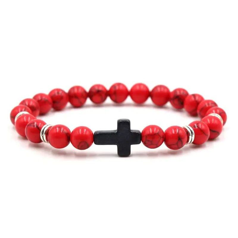 Men's Natural Stone Bead Bracelet - Tiger Eye, Obsidian & Wood Cross Charm