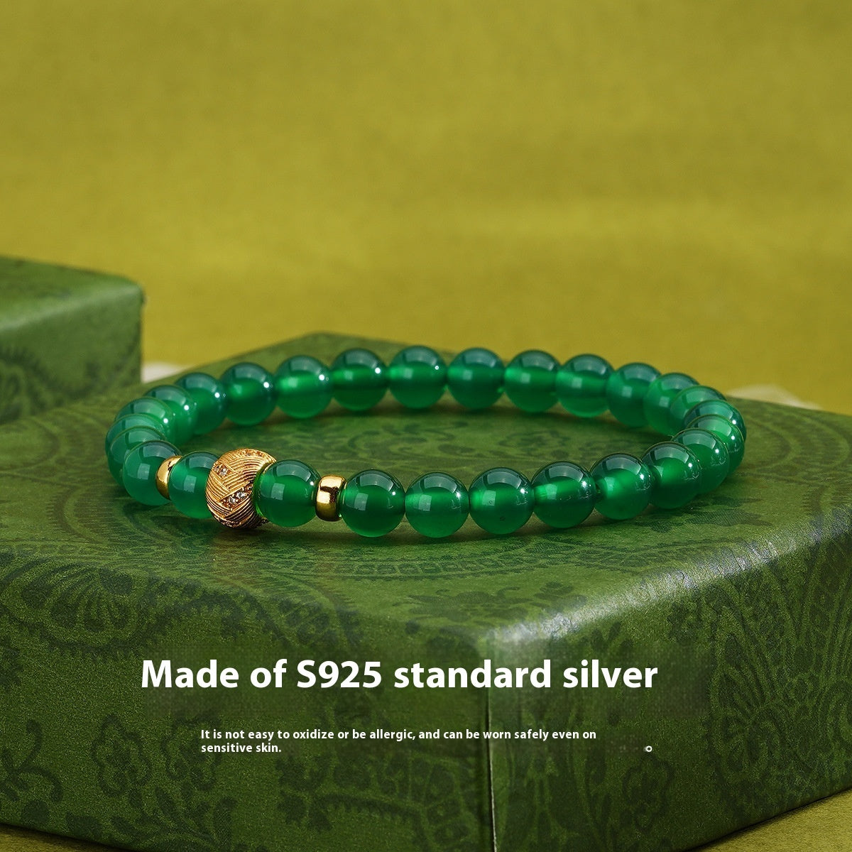 Natural Green Agate Bracelet Female S925 Sterling Silver Retro Simple