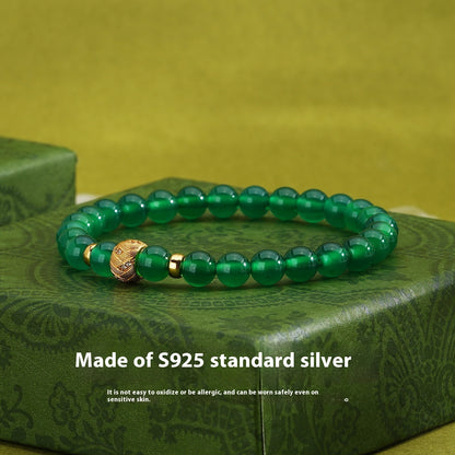 Natural Green Agate Bracelet Female S925 Sterling Silver Retro Simple