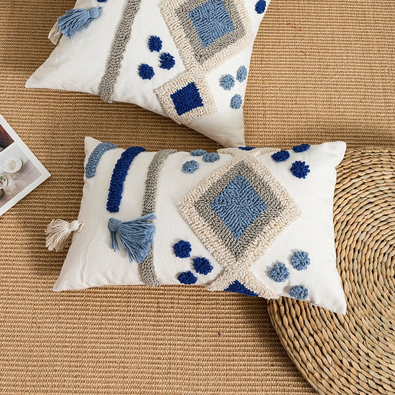 Bohemian Velvet Pillow Cover - Round Embroidered Tassel Cushion