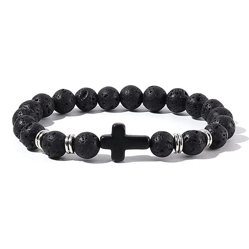 Men's Natural Stone Bead Bracelet - Tiger Eye, Obsidian & Wood Cross Charm