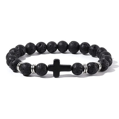 Men's Natural Stone Bead Bracelet - Tiger Eye, Obsidian & Wood Cross Charm