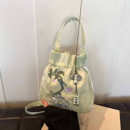 Chinese Style Embroidered Bucket Bag - Traditional Shoulder Bag for Women
