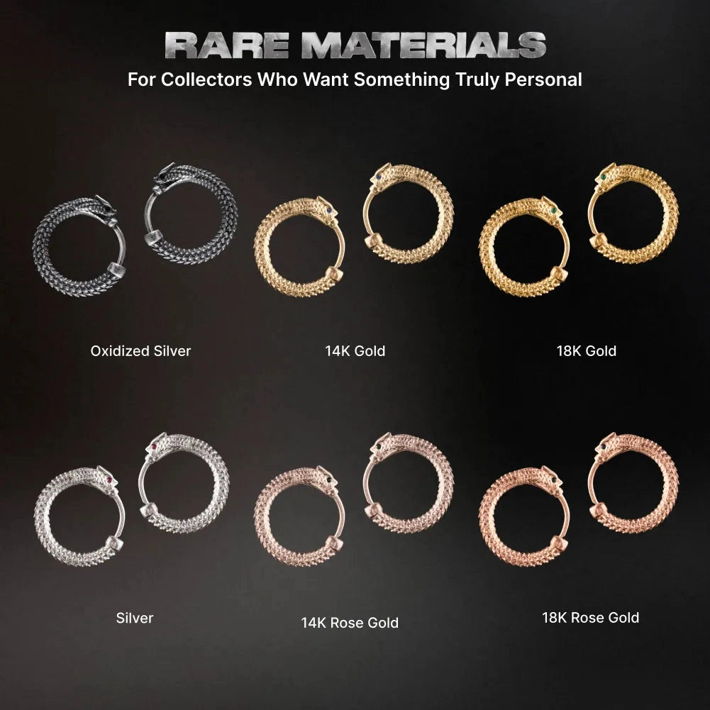 Boucles d’oreilles anneaux Ouroboros en plusieurs matériaux et tailles