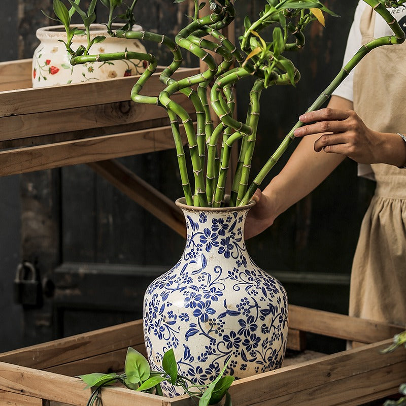 New Chinese Ceramic Vase - Retro Blue Round Belly Vase for Home Decor