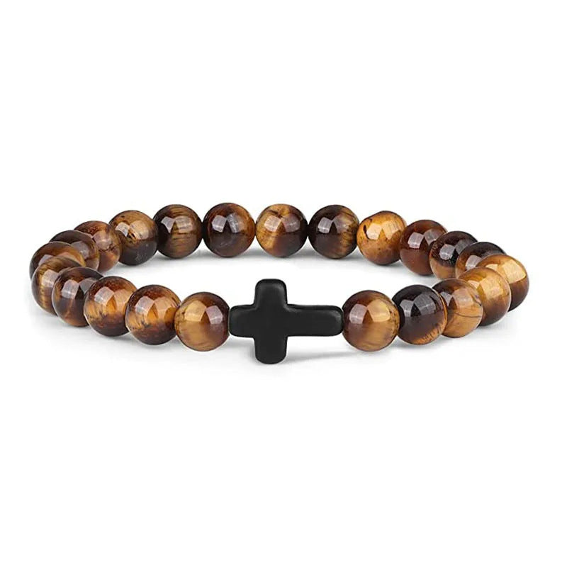Men's Natural Stone Bead Bracelet - Tiger Eye, Obsidian & Wood Cross Charm