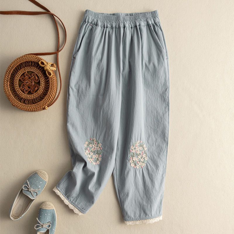 Cotton And Hemp Embroidery Casual Pants Female Literary Retro