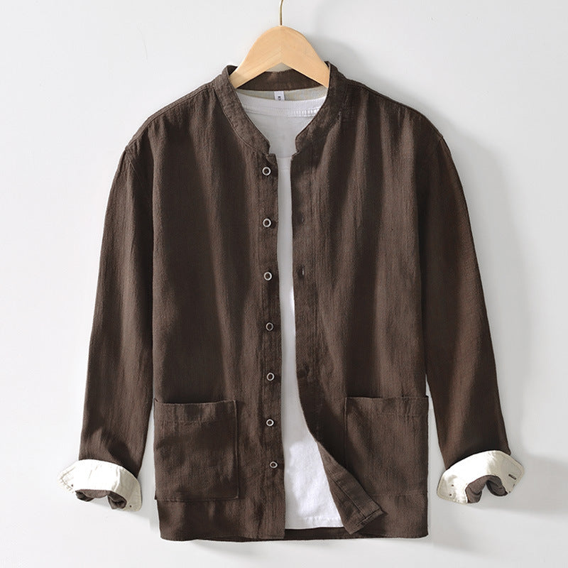 Men's Ramie Linen Shirt - Stand Collar Chinese Style Long Sleeve