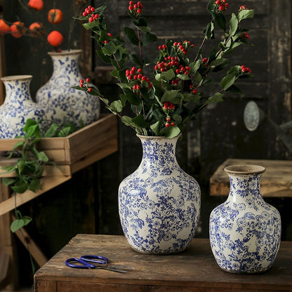 New Chinese Ceramic Vase - Retro Blue Round Belly Vase for Home Decor