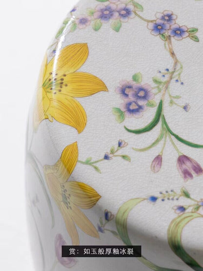 Floral Bird Crackle Glaze Ceramic Drum Stool | Oriental Chinoiserie Side Table