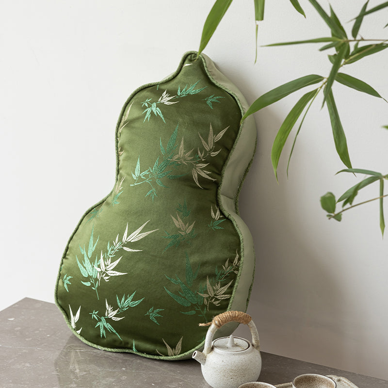Chinese Style Gourd Pillow - Bamboo Leaf Pattern Decorative Cushion