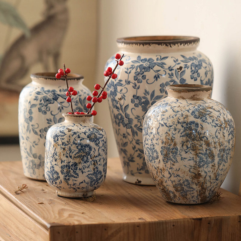 Ice Cracks Country Vintage Blue And White Porcelain Vase With Big Belly