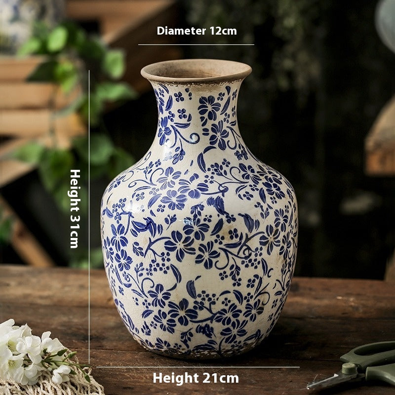 New Chinese Ceramic Vase - Retro Blue Round Belly Vase for Home Decor