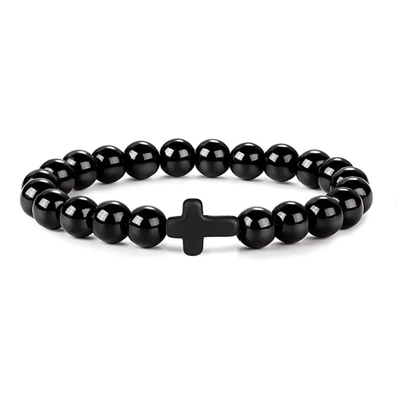 Men's Natural Stone Bead Bracelet - Tiger Eye, Obsidian & Wood Cross Charm