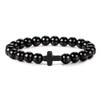 Men's Natural Stone Bead Bracelet - Tiger Eye, Obsidian & Wood Cross Charm