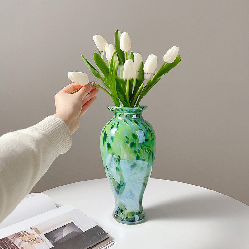 Retro Handmade Green Glass Vase - Emerald Peacock Green Home Decor