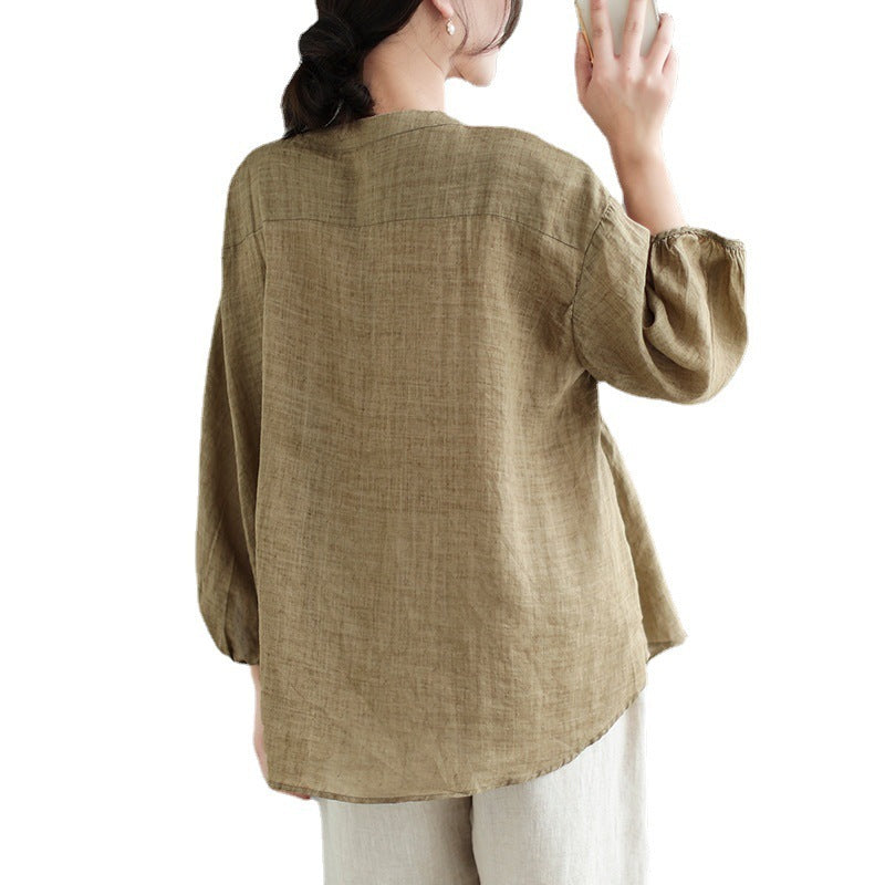 Women's Ramie V-Neck Shirt - Loose Fit Batwing Sleeve Top