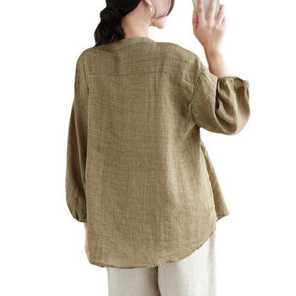 Women's Ramie V-Neck Shirt - Loose Fit Batwing Sleeve Top