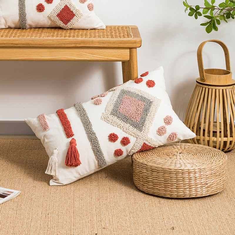 Bohemian Velvet Pillow Cover - Round Embroidered Tassel Cushion