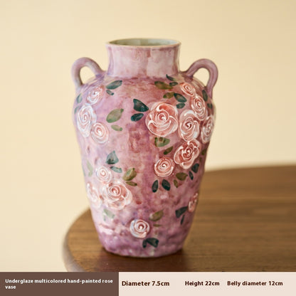 Hand-painted Rose Chinese Underglaze Porcelain Vase