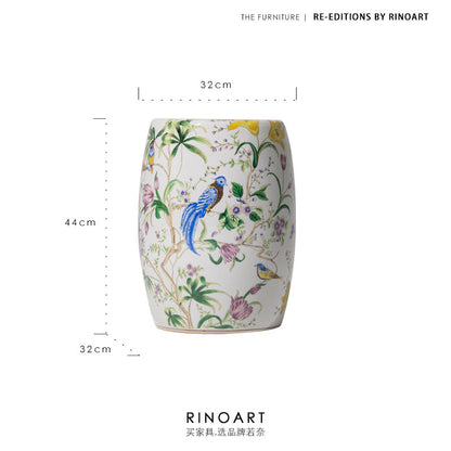 Floral Bird Crackle Glaze Ceramic Drum Stool | Oriental Chinoiserie Side Table